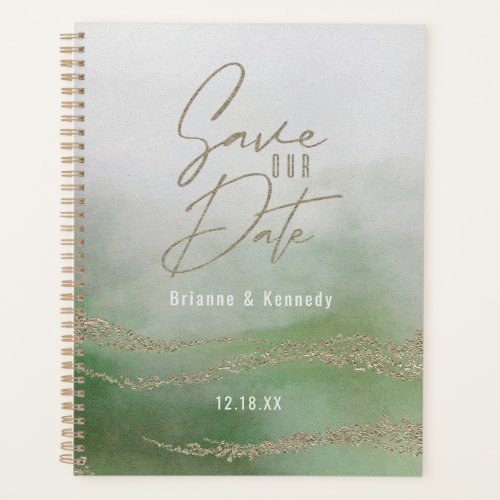 Elegant Watercolor Leaf Green  Gold Save the Date Planner