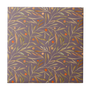 Elegant Watercolor Leaf Pattern Purple Background Ceramic Tile