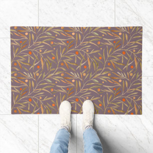 Elegant Watercolor Leaf Pattern Purple Background Doormat