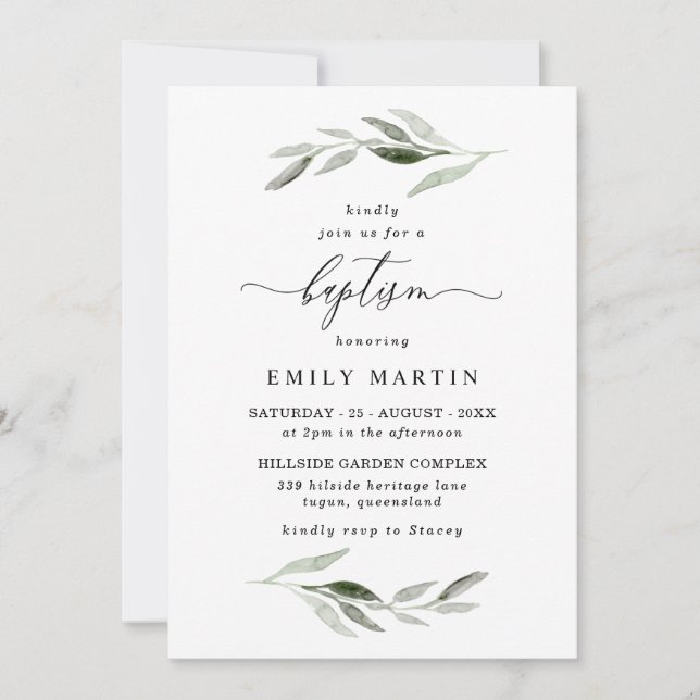 Elegant Watercolor Leaf Spring Boy Girl Baptism Invitation (Front)