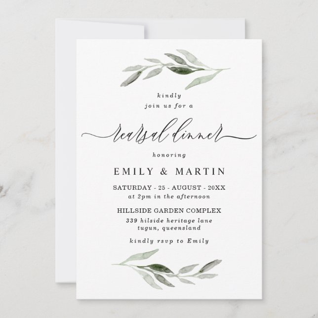 Elegant Watercolor Leaf Spring Rehearsal Dinner Invitation (Front)