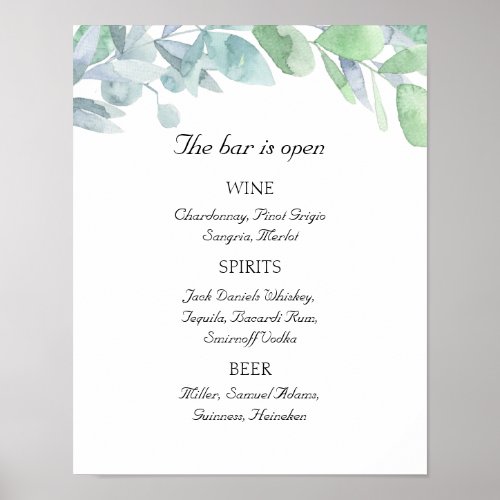 Elegant watercolor leaf wedding bar Alcohol drink Poster