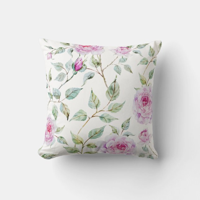 Elegant Watercolor Leaves and Roses | Throw Pillow (Front)