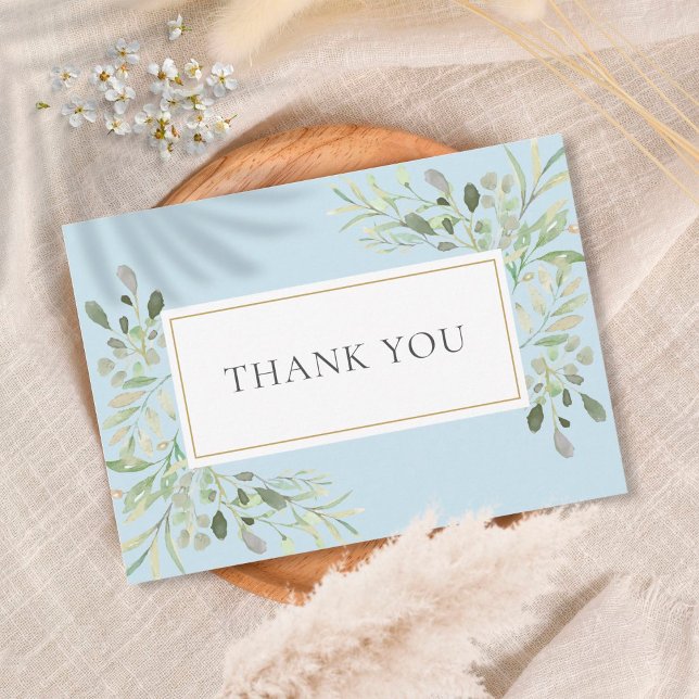 Elegant Watercolor Leaves Baby Boy Blue Thank You Card (Creator Uploaded)