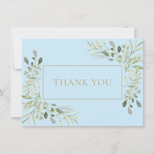 Elegant Watercolor Leaves Baby Boy Blue Thank You Card