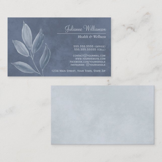 Elegant Watercolor Leaves Dusty Blue & Pewter Business Card (Front/Back)