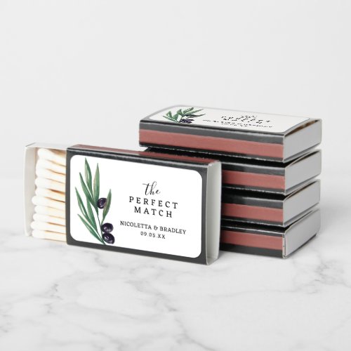 Elegant Watercolor Leaves Olive Orchard Wedding Matchboxes