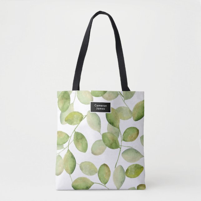 Elegant watercolor leaves pattern personalized tote bag (Front)