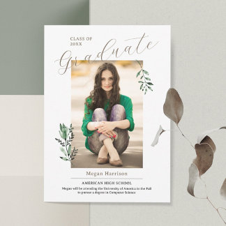 Elegant Watercolor Leaves Photo Graduation Invitation