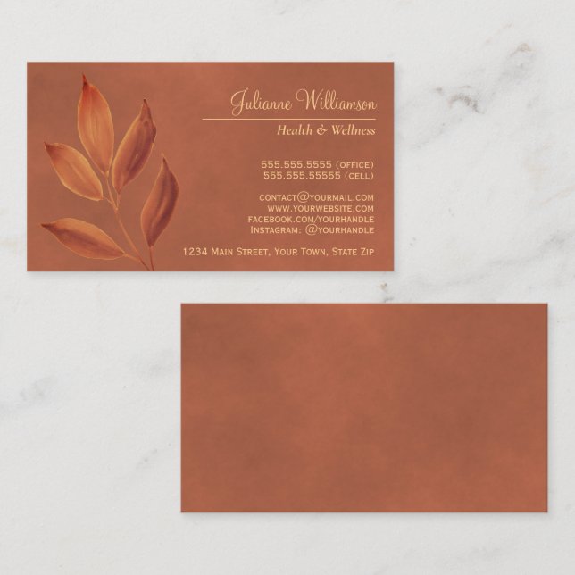 Elegant Watercolor Leaves Terracotta & Rust Orange Business Card (Front/Back)