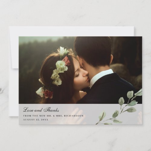 Elegant Watercolor Leaves  Two Photo Wedding Thank You Card