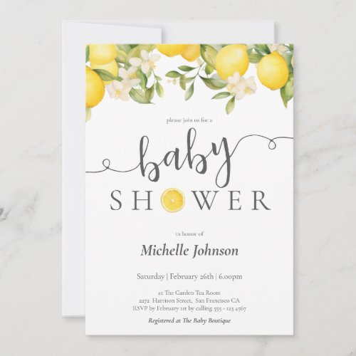 Elegant Watercolor Lemon Baby Shower Invitation