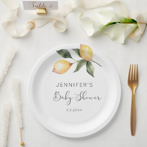 Elegant watercolor lemon baby shower paper plates