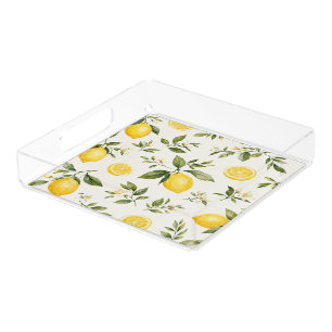 Elegant Watercolor Lemon Blossom Botanical Pattern Acrylic Tray