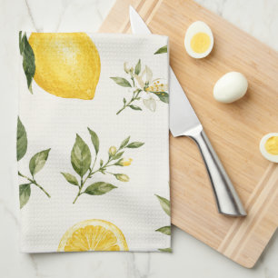 Elegant Watercolor Lemon Blossom Botanical Pattern Kitchen Towel
