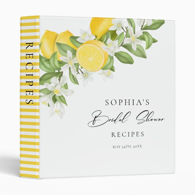 Elegant Watercolor Lemon Bridal Shower Recipe Book 3 Ring Binder (Front/Spine)