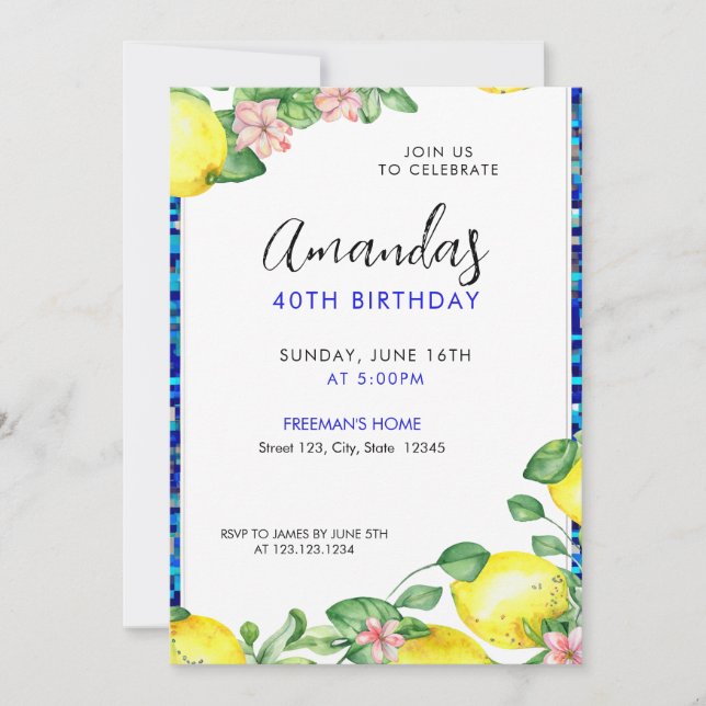 Elegant Watercolor Lemon Mosaic 40th Birthday Invitation (Front)