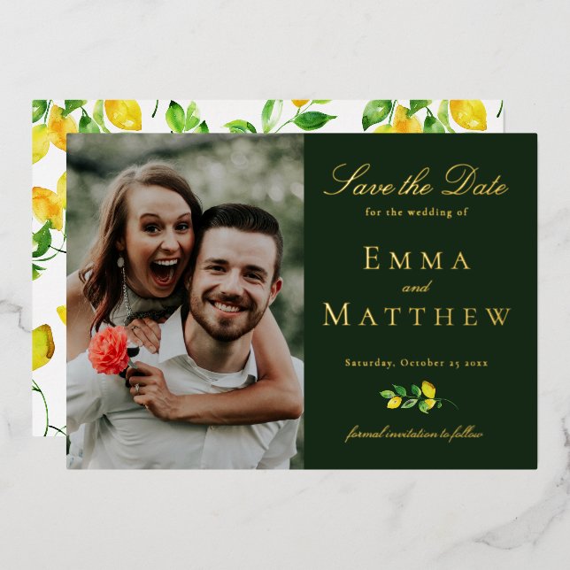 Elegant Watercolor Lemon Photo Dark Green Foil Invitation (Front/Back)