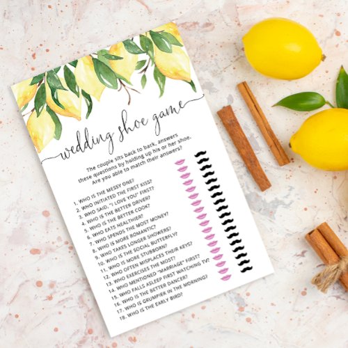 Elegant Watercolor Lemon Wedding Shoe Game Card