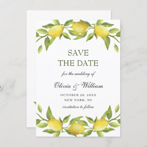 Elegant Watercolor Lemons Greenery Wedding Save The Date