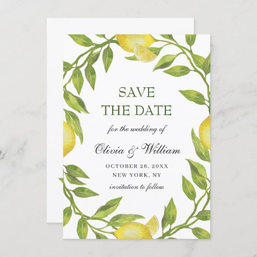 Elegant Watercolor Lemons Greenery Wedding Save The Date