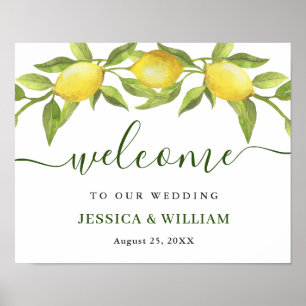 Elegant Watercolor Lemons Greenery Wedding Welcome Poster
