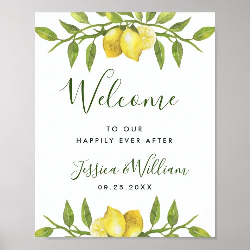 Elegant Watercolor Lemons Greenery Wedding Welcome Poster