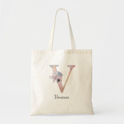 Elegant Watercolor Letter V Floral Monogram  Tote Bag