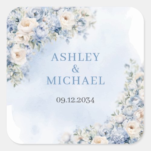 Elegant watercolor light Blue and white Flowers  Square Sticker