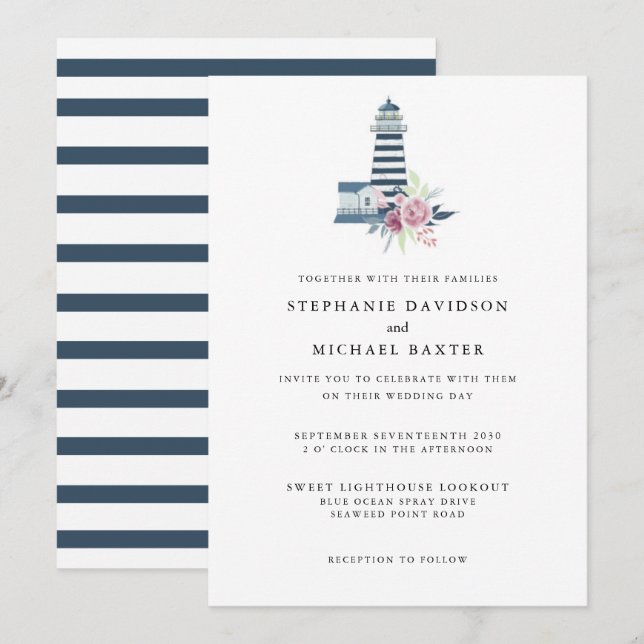 Elegant Watercolor Lighthouse Nautical Minimalist Invitation (Front/Back)