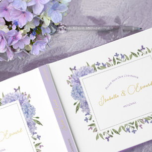 Elegant Watercolor Lilac Blue Hydrangea Floral Foil Guest Book