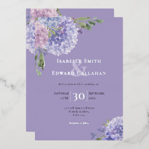 Elegant Watercolor Lilac & Dusty Blue Hydrangeas Foil Invitation