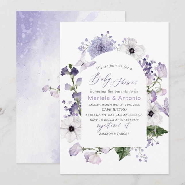 Elegant  Watercolor Lilac flowers Baby Shower Invitation (Front/Back)