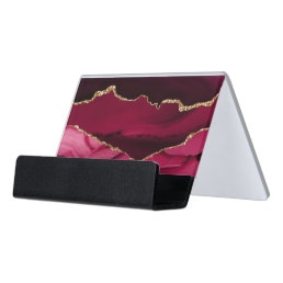 elegant watercolor magenta red and gold agate  desk business card holder