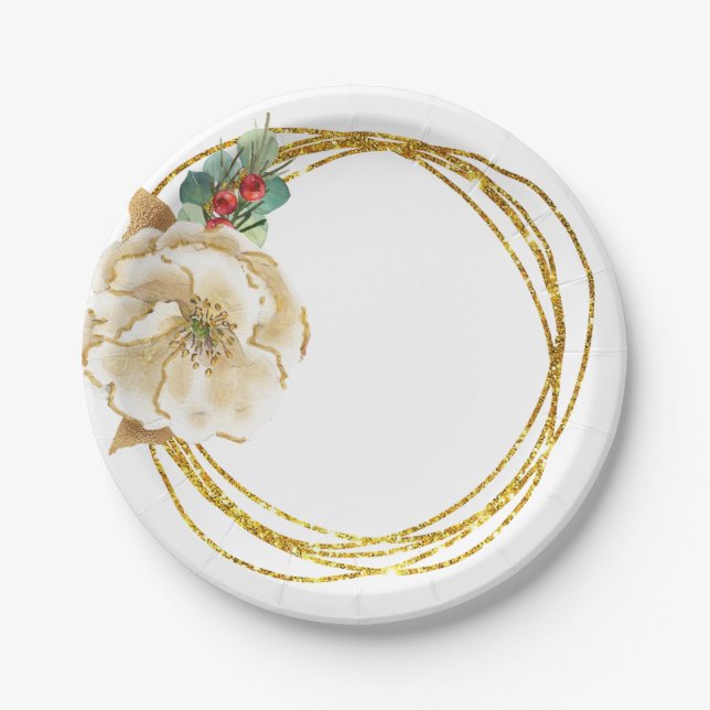 Elegant Watercolor Magnolia and Gold Wreath Paper Plates (Front)