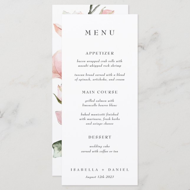 Elegant Watercolor Magnolia Botanical Wedding Menu (Front/Back)
