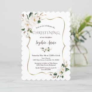 Elegant Watercolor Magnolia Flowers Christening Invitation