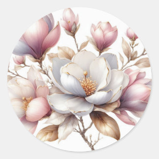 Elegant watercolor magnolia flowers classic round sticker