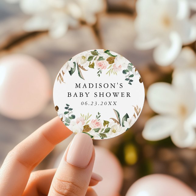 Elegant Watercolor Magnolias Baby Shower Classic Round Sticker (Creator Uploaded)