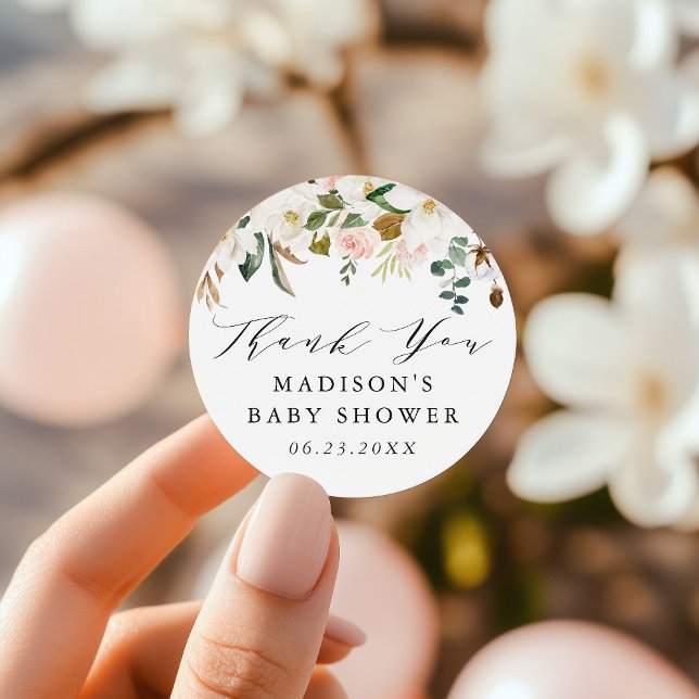 Elegant Watercolor Magnolias Baby Shower Classic Round Sticker (Creator Uploaded)