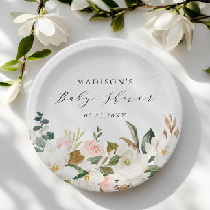 Elegant Watercolor Magnolias Baby Shower Paper Plates