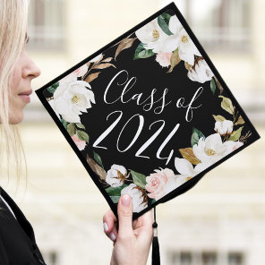 Elegant Watercolor Magnolias Class of 2024 Graduation Cap Topper
