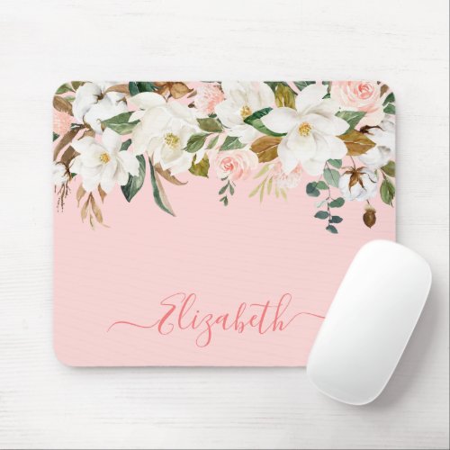 Elegant Watercolor Magnolias Floral Trendy Script Mouse Pad