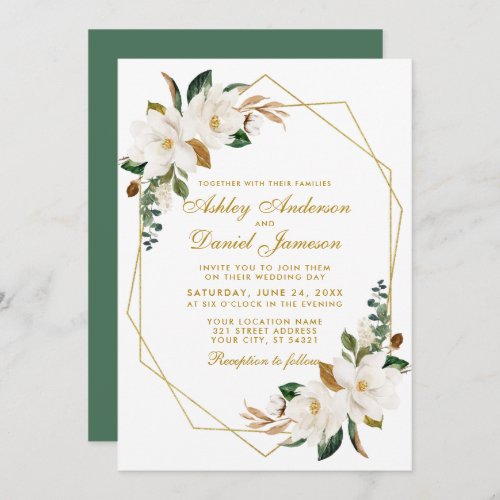 Elegant Watercolor Magnolias Greenery Gold Wedding Invitation