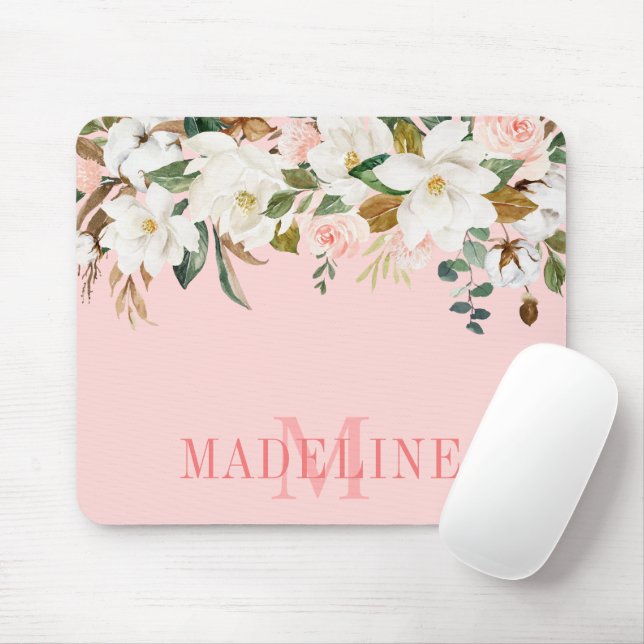 Elegant Watercolor Magnolias Roses Floral Monogram Mouse Pad (With Mouse)