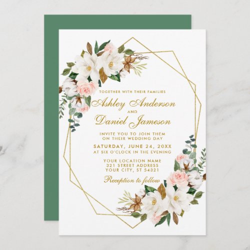 Elegant Watercolor Magnolias Roses Gold Wedding Invitation