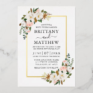 Elegant Watercolor Magnolias Roses Wedding Gold Foil Invitation