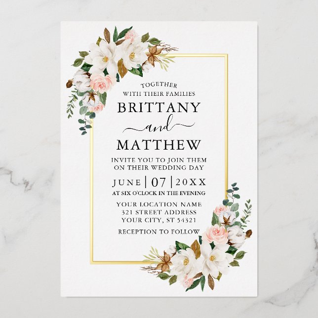 Elegant Watercolor Magnolias Roses Wedding Gold Foil Invitation (Front)