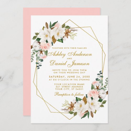 Elegant Watercolor Magnolias Roses Wedding Gold Invitation