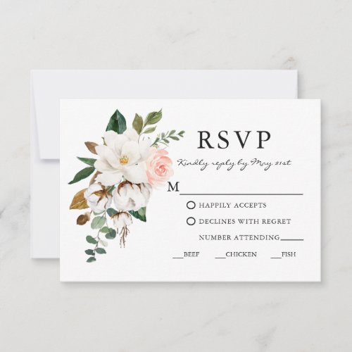 Elegant Watercolor Magnolias Roses Wedding Meal RSVP Card